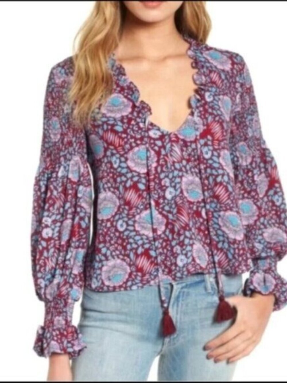 Rebecca Minkoff Penelope Smocked Floral Tassel Top XS BoHo